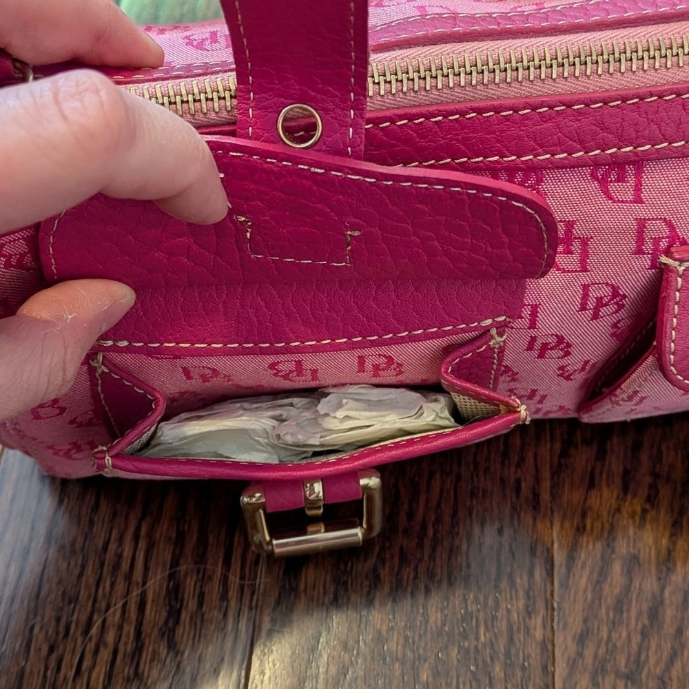 Vintage Dooney & Bourke Pink Y2K DB Monogram Canvas Leather Buckle Shoulder Bag - Picture 10 of 16